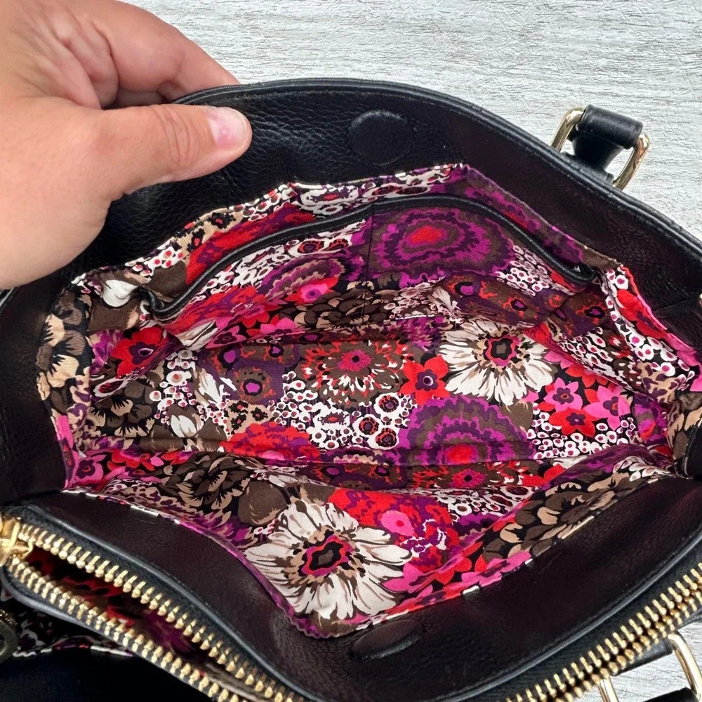 Vera Bradley Black Quilted Emma Leather Satchel Crossbody Bag Floral